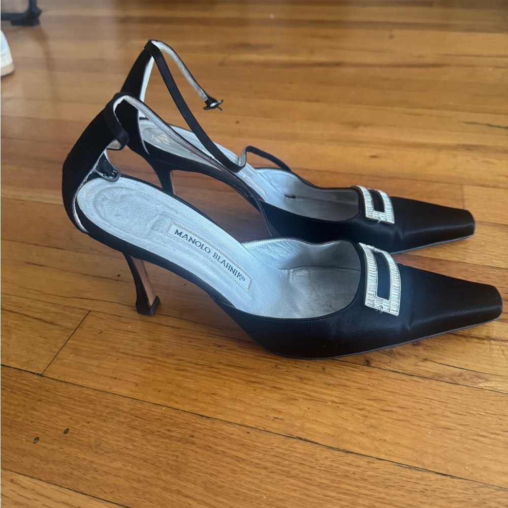 Manolo Blahnik Black Satin Slingback Pumps with Crystal Accent